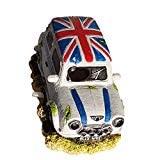 Mini White Automobile with Union Jack Roof Aquarium Ornament with Bubbler Attachment, 5 Inch Long Car Decor with Air Bubbling, Aerating Fish Tank Decoration (AIr Pump Required, Not Included)