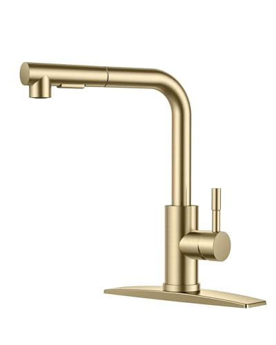 FORIOUS Gold Kitchen Faucet with Pull Down Sprayer, Stainless Steel Single Handle Classic Pull Out Sink Faucet for Farmhouse Laundry RV Bar, with Deck Plate for 1 or 3 Holes - color: Gold, style: Classic