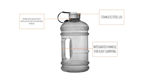 New Wave Enviro Iconic 2.2 Liter BPA Free Water Bottle with Stainless Steel Cap, Integrated Handle for Easy Carrying, Gym and Lifestyle Bottle, 2.2L Capacity, Charcoal - color: Charcoal, size: 74.4 Ounces, style: Round