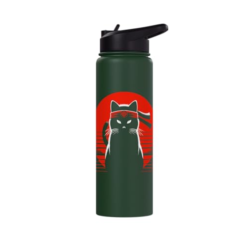 Japanese Cats Lovers And Cool Fighting Ninja Cat Fighter Stainless Steel Insulated Water Bottle - color: Dark Green