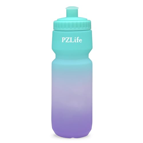 Bike Water Bottle, Squeeze Water Bottle Leakproof BPA Free 24oz | with Capacity Scale w/Pull Top Lid, Reusable, for Bicycle, Gym,Camping, Hiking - color: Green pink