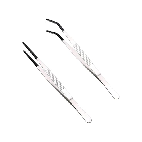 2-Piece Set of Ultra Long Stainless Steel Reptile Feeding Forceps with Rubber Tips, 9.8-Inch Straight and Curved Tweezers, Aquarium Feeding Tool, Silver