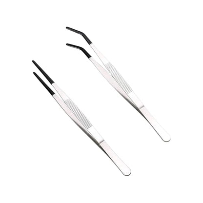 2-Piece Set of Ultra Long Stainless Steel Reptile Feeding Forceps with Rubber Tips, 9.8-Inch Straight and Curved Tweezers, Aquarium Feeding Tool, Silver