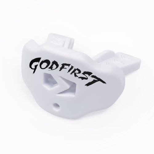 SLEEFS Classic Football Mouthguard with Bold Designs and Removable Strap - color: God First White