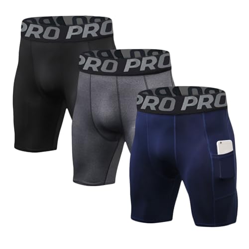 LANBAOSI Mens Compression Shorts with Phone Pocket Running Gym Yoga Athletic Tights Baselayer Summer Cool Dry Underwear Pack - color: Black+grey+navy, size: X-Large
