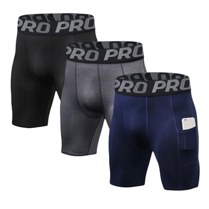 LANBAOSI Mens Compression Shorts with Phone Pocket Running Gym Yoga Athletic Tights Baselayer Summer Cool Dry Underwear Pack - color: Black+grey+navy, size: X-Large