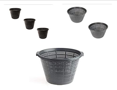6 Assorted Round Plastic Mesh Pond Plant Basket Kit with Plant Food & Hessian Squares, Round Plastic Planting Pots Water Garden Pot for Pond Aquarium Aquaponics, Hydroponics