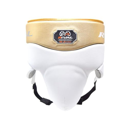 RIVAL Boxing RNFL100 Professional No-Foul Groin Protector with Laces, Dual Waist Straps, Ultra-Lightweight Construction, and Super-Rich Microfibre PU - color: White/Gold, size: X-Large