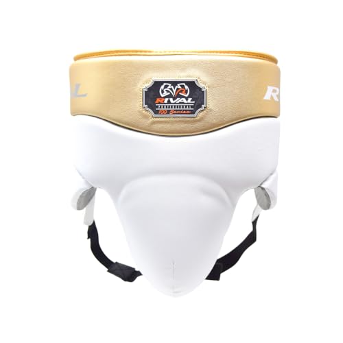 RIVAL Boxing RNFL100 Professional No-Foul Groin Protector with Laces, Dual Waist Straps, Ultra-Lightweight Construction, and Super-Rich Microfibre PU - color: White/Gold, size: Small
