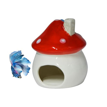 AnRui Aquarium Decoration Ceramic Fish Tank Hideout Cave Cute Mushroom Aquarium Décor Thematic Ornaments for Cichlid, Small Fish, Shrimp to Play Hide Breed Habitat, Red