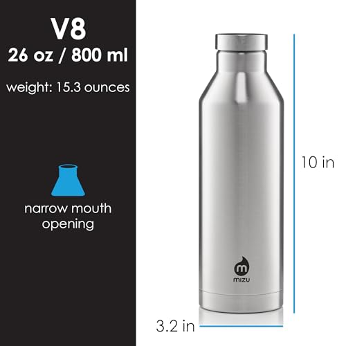 MIZU - V8 Water Bottle | 26 oz. Double Wall Stainless Steel Vacuum Insulated | Narrow Mouth with Leak Proof Cap | Multiple Colors | BPA Free - color: Stainless