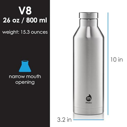 MIZU - V8 Water Bottle | 26 oz. Double Wall Stainless Steel Vacuum Insulated | Narrow Mouth with Leak Proof Cap | Multiple Colors | BPA Free - color: Stainless
