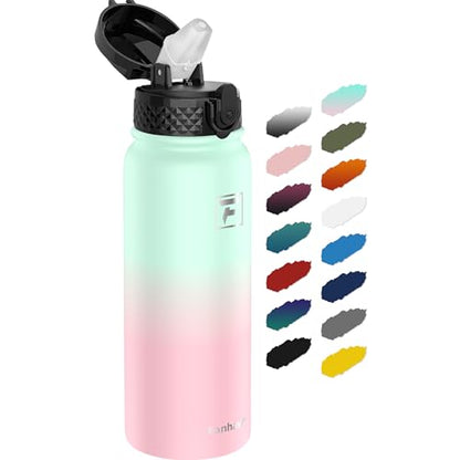 Fanhaw 20oz Kids Stainless Steel Water Bottle with Straw Lid, Green Pink - color: Green Pink, style: 20 Ounces