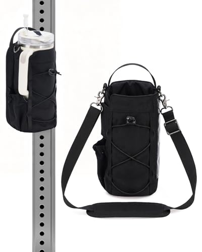 sportsnew 40oz Insulated Crossbody Water Bottle Bag Gym Hiking Phone Pocket - color: Deep Black -Magnetic
