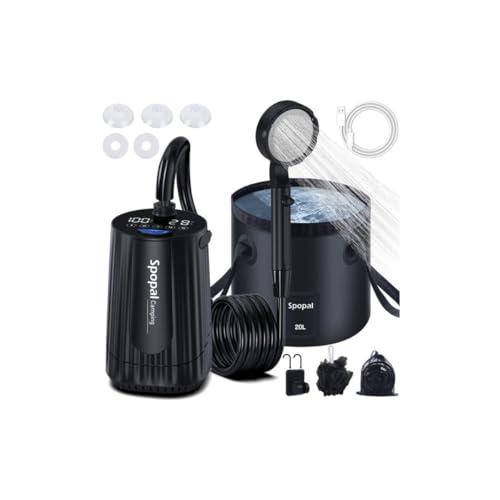 Portable Camping Shower, [10000mAh Rechargeable], 5-Speed with Collapsible Bucket with Handle 20L, IPX8 Waterproof, LED Display Camp Shower Pump, Perfect for Hiking, Travel, Cars & Pets