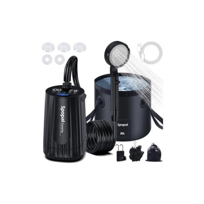Portable Camping Shower, [10000mAh Rechargeable], 5-Speed with Collapsible Bucket with Handle 20L, IPX8 Waterproof, LED Display Camp Shower Pump, Perfect for Hiking, Travel, Cars & Pets