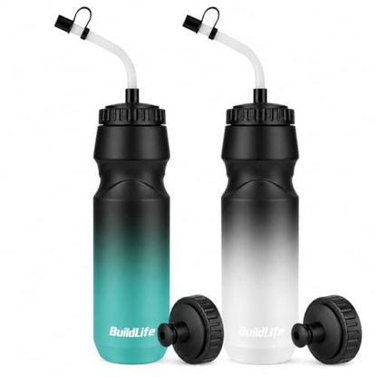 BuildLife Hockey Water Bottle, 32 OZ, 2 Pack, Black Blue+Black White - color: Black Blue+Black White