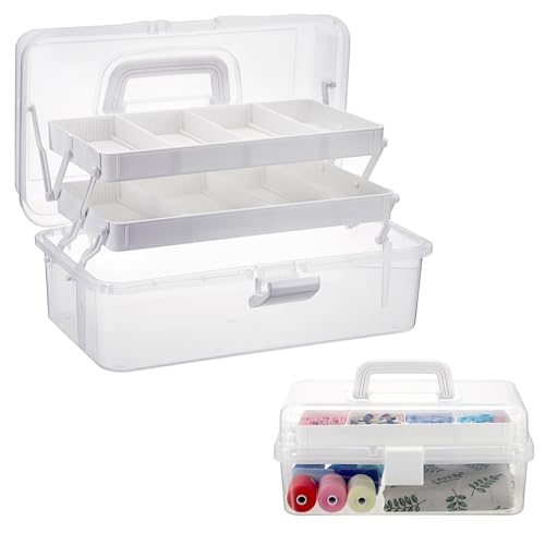 BTSKY 3-Layer Clear Plastic Dividing Storage Box Craft Organizer and Storage with Adjustable Spacers Portable Handled Art Supply Organizer Multipurpose Home Utility Box Sewing Organizers(Beige White) - color: Clear+Beige White