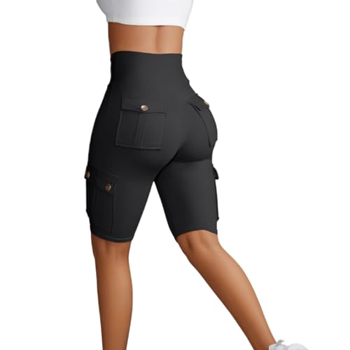 Sumleno Women Tummy Control Butt Lifting Shorts Knee Length High Waist Flap Pocket Workout Bermuda Cargo Running Shorts - color: Black, size: Large