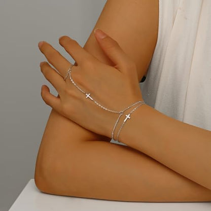18K Gold Plated Small Cross Bracelet for Women | Tiny Cute Cross Bracelets | Beaded Bracelet | Hip Hop Knot | Hand Chain Bracelets | Gold Jewelry Gifts for Women - color: 2 Cross Hand Chain Silver