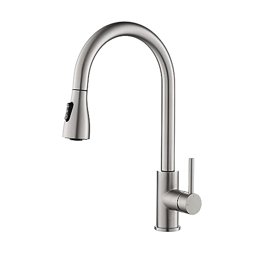 Single Handle Pull Down Kitchen Sink Faucet with Dual Function Sprayer – Solid Brass Construction, High Arc 360 Degree Swivel Spout Kitchen Faucet, Easy-Clean Nozzles (Brushed Nickel, F102)