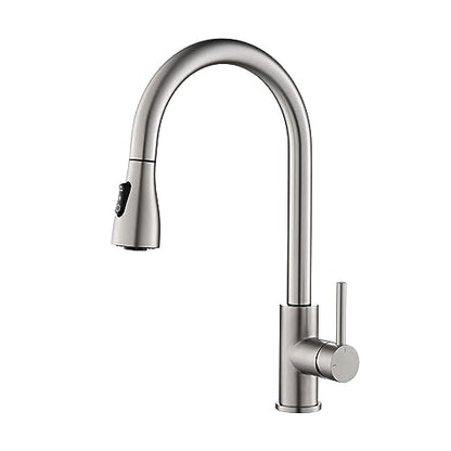 Single Handle Pull Down Kitchen Sink Faucet with Dual Function Sprayer – Solid Brass Construction, High Arc 360 Degree Swivel Spout Kitchen Faucet, Easy-Clean Nozzles (Brushed Nickel, F102)