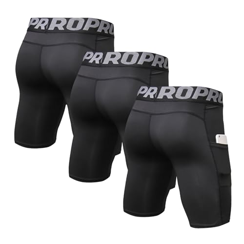 LANBAOSI Mens Compression Shorts with Phone Pocket Running Gym Yoga Athletic Tights Baselayer Summer Cool Dry Underwear Pack - color: Black*3, size: X-Large