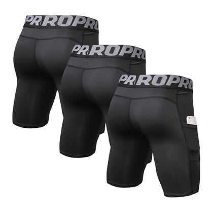 LANBAOSI Mens Compression Shorts with Phone Pocket Running Gym Yoga Athletic Tights Baselayer Summer Cool Dry Underwear Pack - color: Black*3, size: X-Large