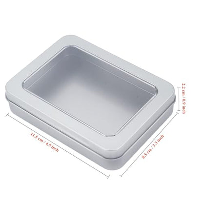 24 Pieces Rectangle Metal Tins Containers with Hinged Window Lids Mini Storage Organizer Set for Home Kitchen, Office and School Supplies, 4.5 x 3.3 x 0.9 inch (Silver)
