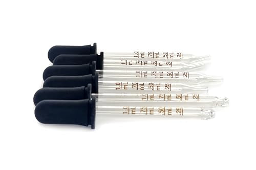 Vivaplex, 6, Graduated, 1 ml Glass Eye Droppers. Assorted Pack of Long and Short, Straight tip, Bent tip, and Round tip Calibrated Pipettes.
