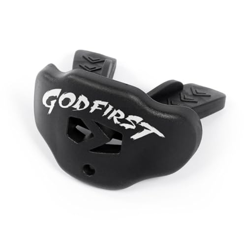 SLEEFS Classic Football Mouthguard with Bold Designs and Removable Strap - color: God First Black