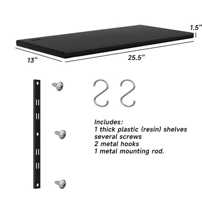 25.5‘’L*13‘’W*1.5‘’H Plastic Shelves for 37Cu.ft/57Cu.ft Outdoor Storage Cabinet,Black HDPE Shelf,Includes 2 Metal Hooks.