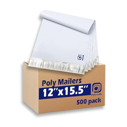 POLYSELLS 500 pcs 12x15.5 Inches White x Silver Poly Mailers Shipping Envelopes, Strong Adhesive Sealing, Waterproof, and Tear-resistant Postal Mailing Bags for Clothing, Books, and Accessories - size: 12"x15.5" 500 PCS
