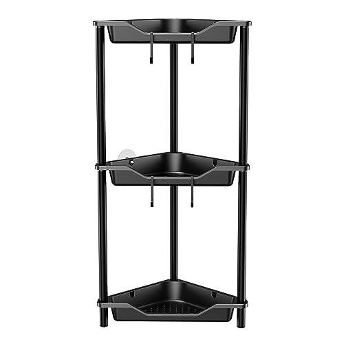 Orimade Rustproof 3 Tier Floor Standing Corner Shower Caddy Organizer, Plastic Metal Splicing Floor Corner Shelf Rack Stands for Bathroom, Black - color: Black, size: 3 Tier