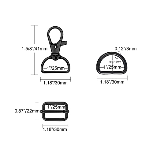 WAFJAMF 30Pcs Purse Hardware Swivel Snap Hooks D Rings Slide Buckles 1 In | Heavy duty metal clasps set for handbag making, DIY craft, strap, backpack, lanyard keychain & handbag fasteners, black - color: Black, size: 1” Inside Width