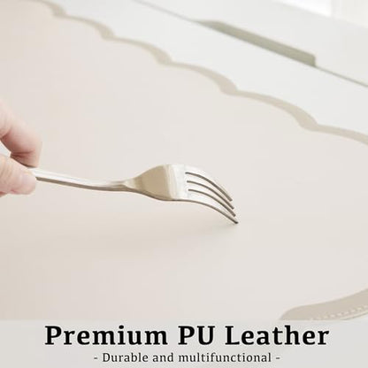 Scalloped Desk Mat, 23.6" x 11.8" Cute Small Beige Sand Aesthetic Desk Accessories, PU Leather Computer Laptop Desk Mouse Keyboard Pad, Desk Writing Mat for Vanity/Work/Home Decor