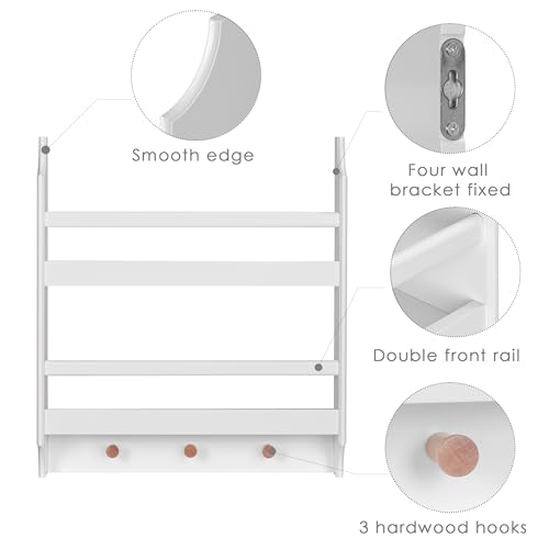 UTEX Floating Nursery Bookshelves, 2-Tier Wall Shelf with 3 Hooks, White