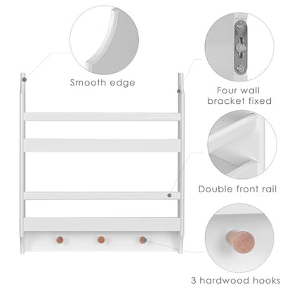 UTEX Floating Nursery Bookshelves, 2-Tier Wall Shelf with 3 Hooks, White