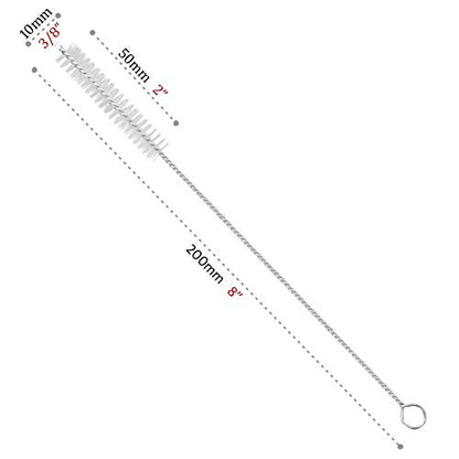Drinking Straw Cleaning Brushes Set Pipe Tube Cleaner Nylon Bristles Stainless Steel Handle - 8" x 3/8" (10mm) - Set of 15