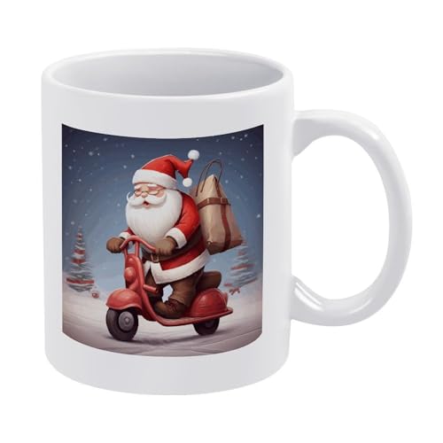 11oz White Ceramic Coffee Mug Funny Santa Claus on Scooter Tea Cup Microwave & Dishwasher Safe, Lead-Free for Home Office Daily Use & Gifting - color: santa claus on scooter