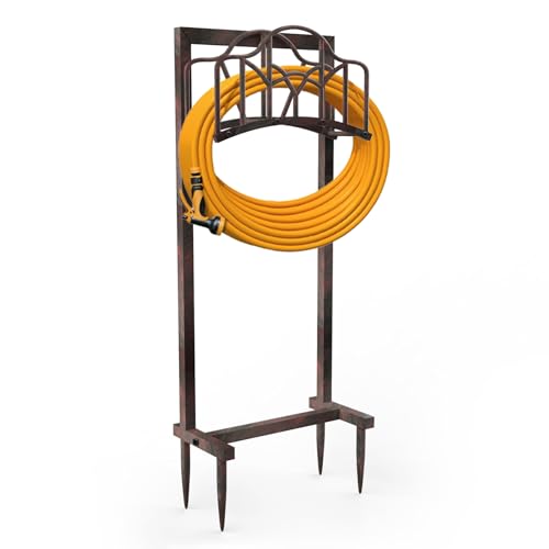 Garden Hose Holder Hanger Freestanding, Upgraded 4-Spike Heavy Duty Storage Reel Stand, Holds 150ft Hose for Outside Yard Lawn (Rustic Line, Metal)