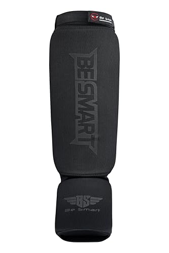 Be Smart MMA Shin Guards for Kickboxing, Muay Thai & Martial Arts – Padded Instep Protection, Lightweight Cotton Elastic Shin Pads – Adult & Youth Training Gear - color: Black/Black, size: Small-Medium
