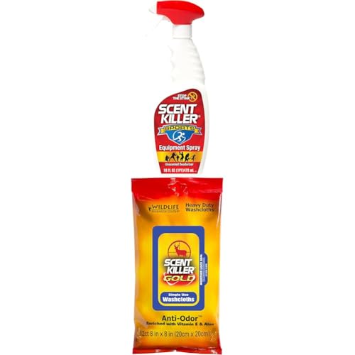 Wildlife Research Center Sports Deodorizer 16 oz and Gold Washcloths Bundle