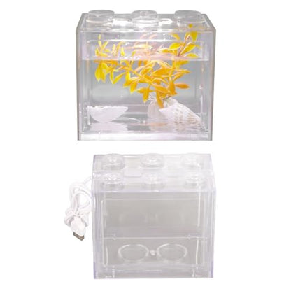 Mini USB LED Aquarium Fish Bowl Plastic Tank with White Light for Desk Tabletop Decor Energy-Saving Office Accent(Transparent)