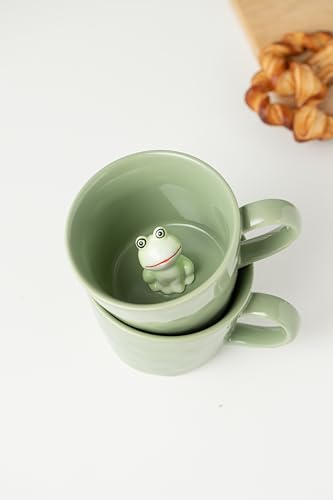 DIHOclub Frog Coffee Cup Hidden 3D Animal Inside Mug,Garden series Handmade Figurine Mugs 12OZ(Green) - color: Green Frog