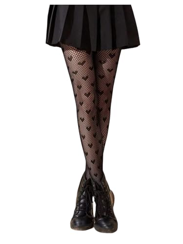 Women's Floral Lace Fishnet Tights Kawaii Y2K See Through Stockings Leggings - color: Heart Black, size: Medium