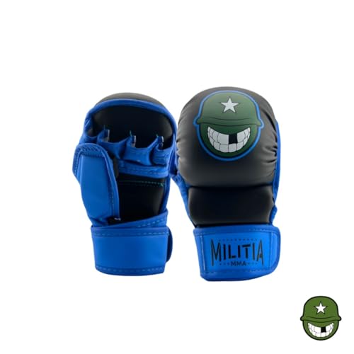 Milita MMA - 7oz MMA Sparring and Training Gloves, Open Palm, Men & Women & Children, Kickboxing, Boxing Mauy Thai, Hybrid MMA Grappling, Padded Fingerless Gloves - color: Blue and Black, size: Small