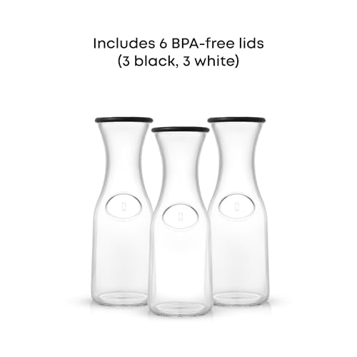 JoyJolt Glass Carafe with Lid, Set of 3 – 1 Liter Glass Pitcher for Mimosa Bar, Water, Iced Tea, Juice, Wine, Lemonade, Milk – Dishwasher Safe Beverage Drink Dispensers for Brunch, Parties