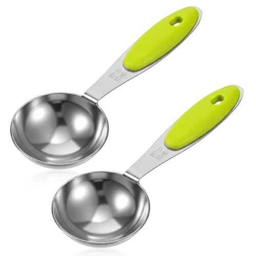 2 Pcs 1 Tbsp (3tsp, 15ml, 1/2oz) Single Measuring Spoons, Stainless Steel with Green Silicone Grip Long Handle Measuring Scoop for Coffee Pet Food Grains Protein Spices Dry Goods - color: Green