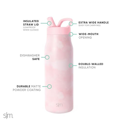 Simple Modern Insulated Water Bottle with Manual Straw | 34oz | Tie Dye - color: Blush Tie Dye, style: 34oz